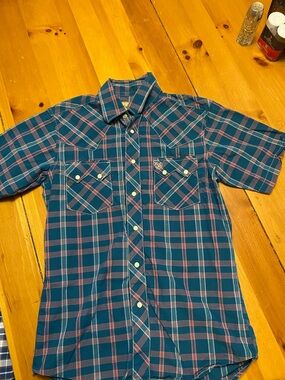 Wrangler Teal and Pink Plaid Short-Sleeve Button-Up Shirt